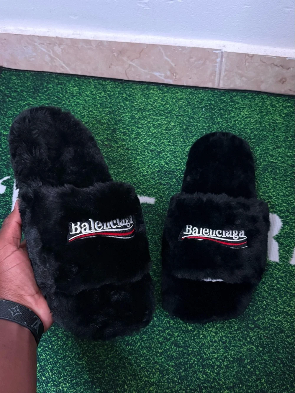 Balenciaga Black Fur Shiny Slides